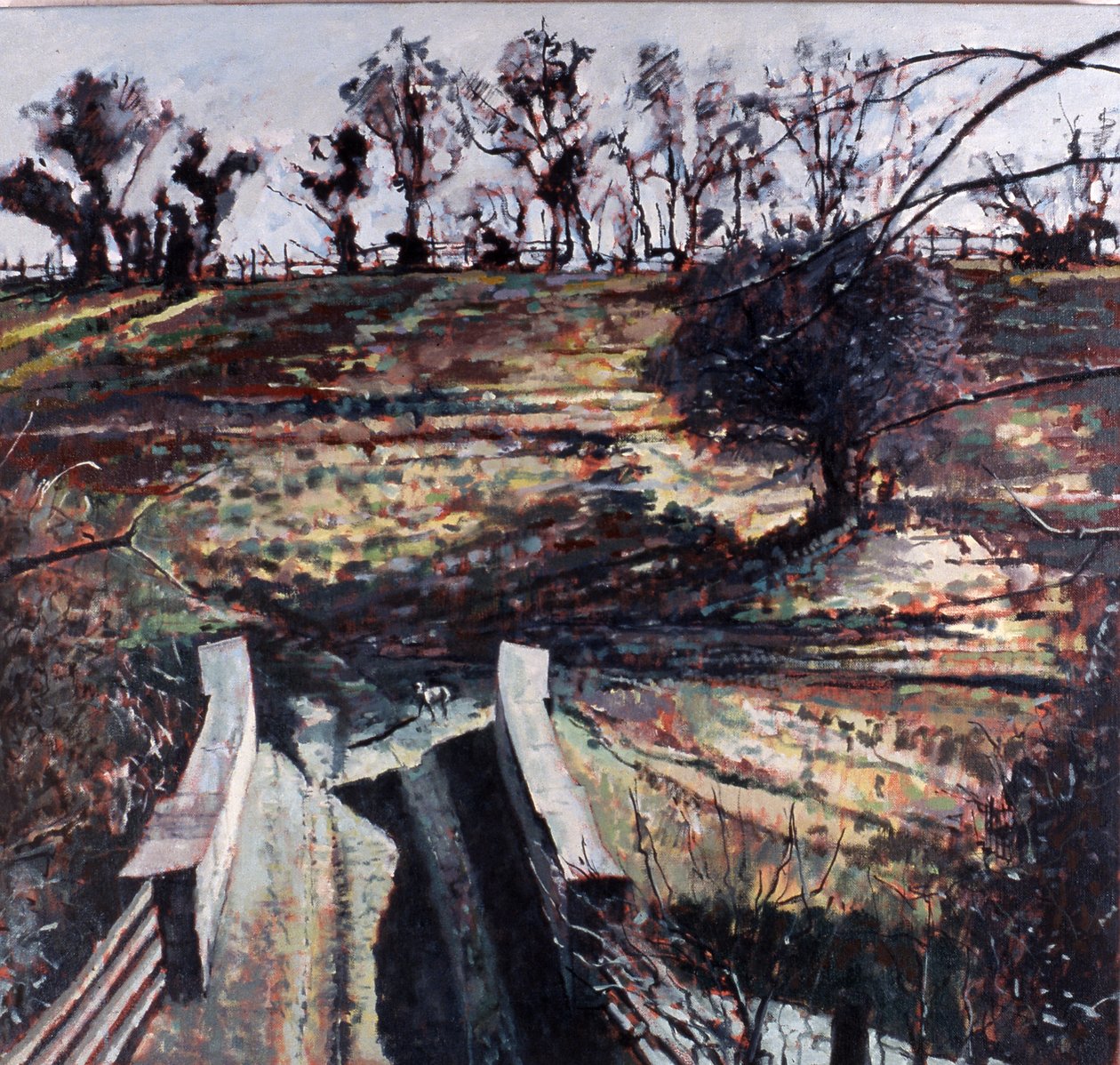 桥与狗，2000 年（布面油画） 作者 彼得·威尔逊