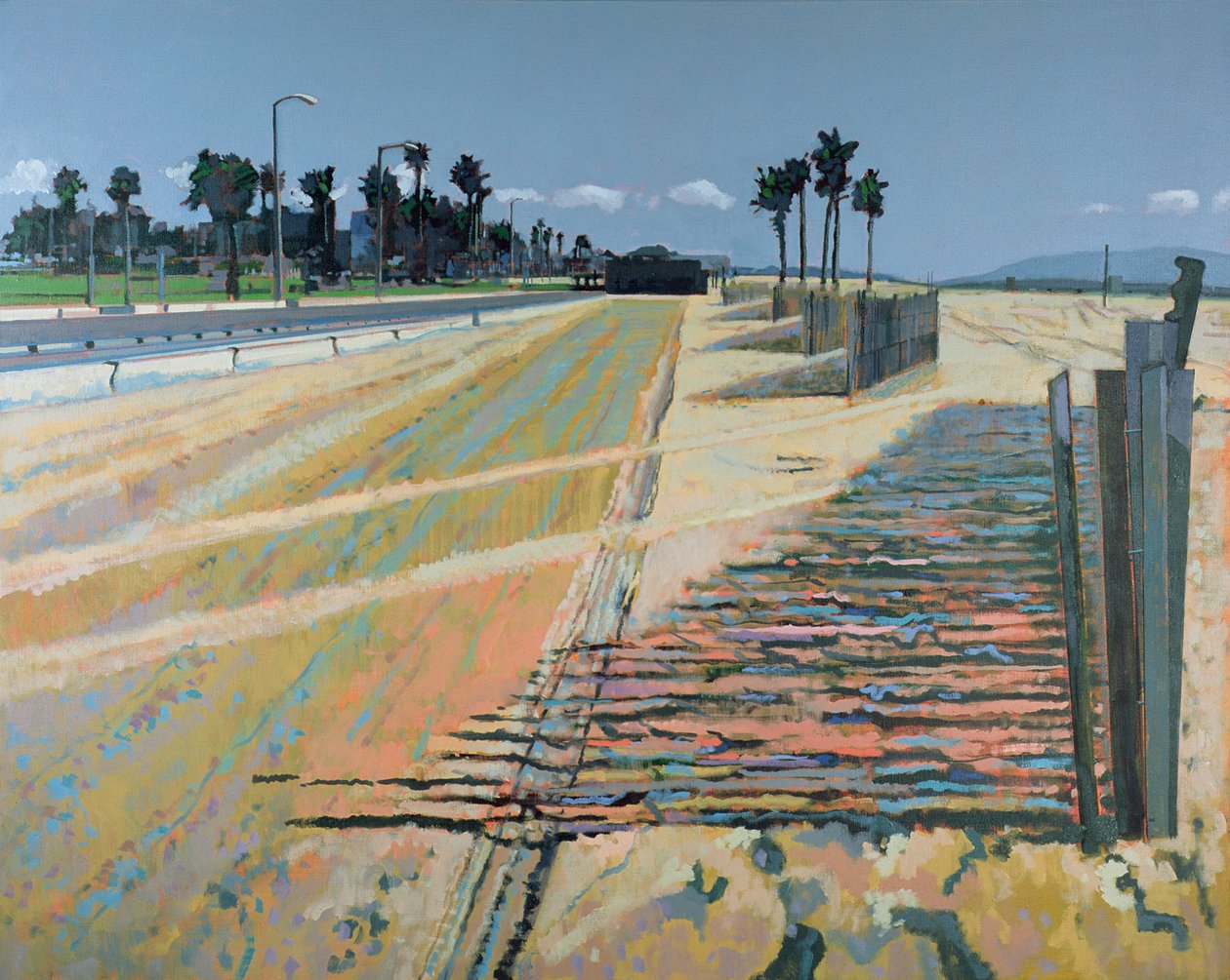 海滩上的栅栏，美国圣莫尼卡，2002 年（亚麻布油画） 作者 彼得·威尔逊