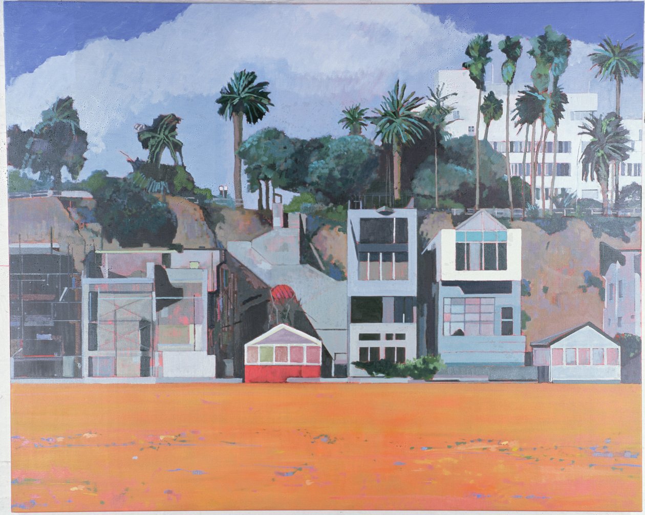 悬崖下的房屋，美国圣莫尼卡，2002 年（亚麻布油画） 作者 彼得·威尔逊