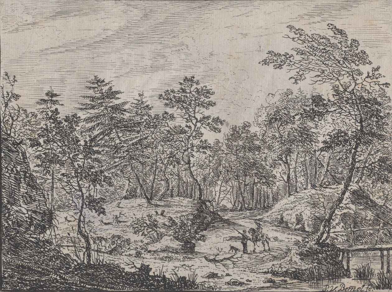 森林景观，中间是一个骑手在和一个男人对话，右边是一座天桥，1716年。 作者 彼得·冯·贝梅尔