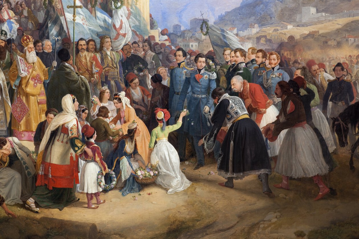 希腊国王奥通一世（1815-1876）进入雅典娜，在亚戈拉的赫菲斯托斯（Hephaisteion）（Hephaestus）或忒西昂（Theseion）神庙前受到群众欢迎（希腊 作者 彼得·冯·赫斯