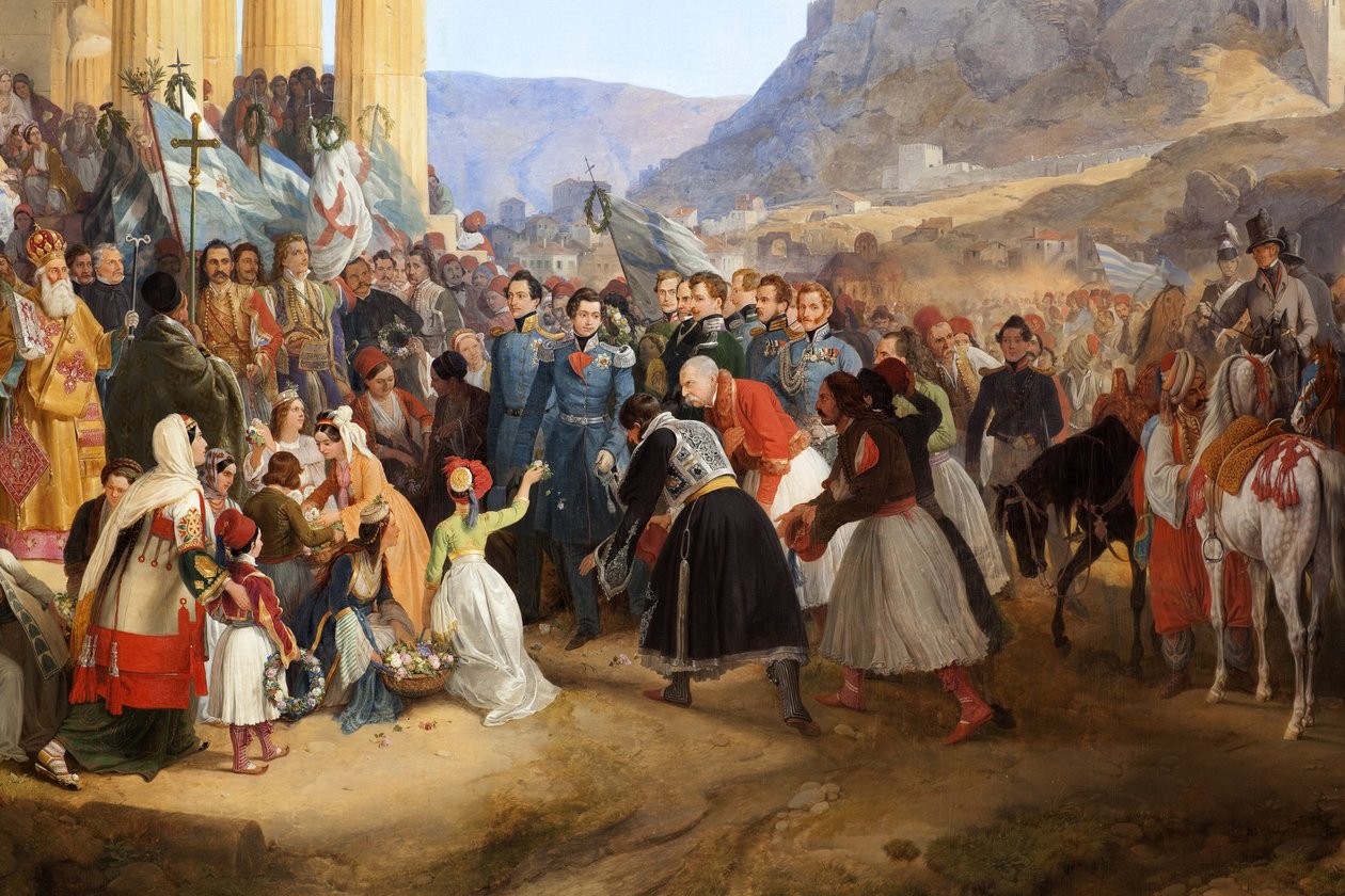 希腊国王奥通一世 (1815-1876) 进入雅典，在赫菲斯托斯 (Hephaisteion) (赫菲斯托斯) 或阿哥拉 (希腊) 的忒西翁神庙前受到人群的欢迎 作者 彼得·冯·赫斯