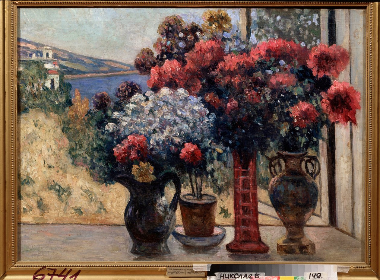 海边的花朵。彼得·伊万诺维奇·彼得罗维奇夫 (Pyotr Petrovichev) (1874-1947) 的绘画，布面油画 作者 彼得·伊万诺维奇·彼得罗维奇夫