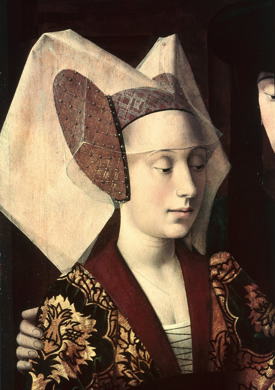 St. Eligius（c.588-660）作为金匠向订婚夫妇展示戒指，未婚妻的细节，1449 作者 彼得基督