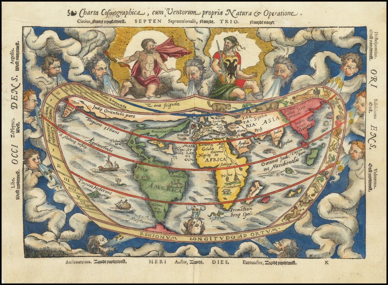 1553 年地图 - Charta Cosmographica, Cum Ventorum Propria Natura et Operatione 作者 彼得·阿皮亚努斯（Peter Apianus）