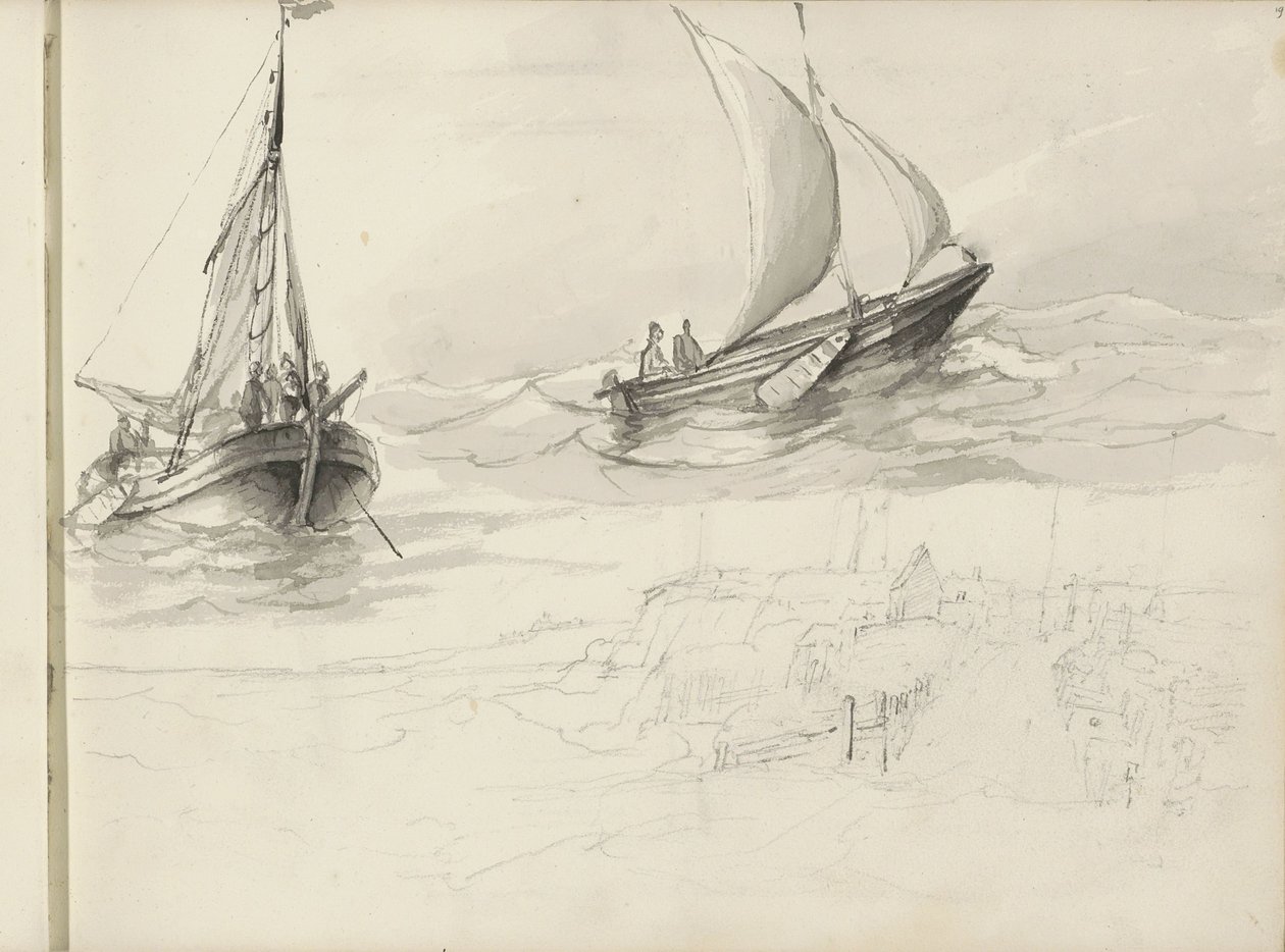 两艘帆船与海上人物 作者 Petrus Johannes Schotel (圈子)