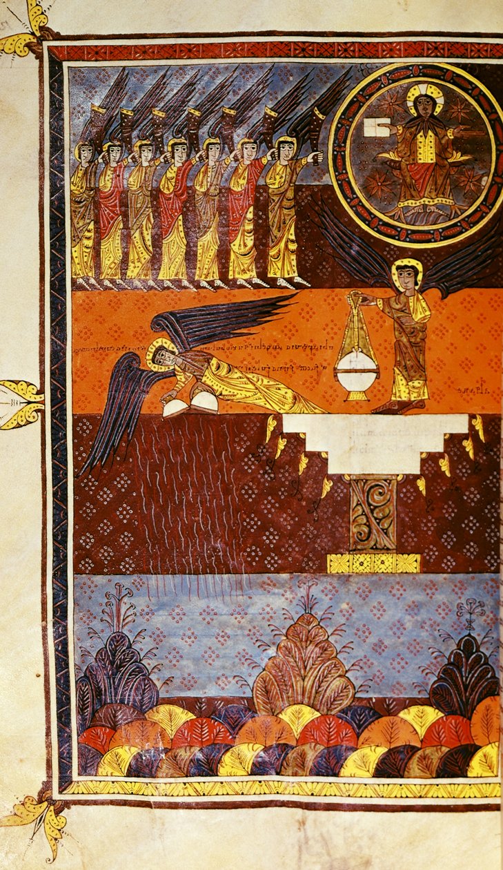 f.126 七个吹号的天使，选自圣多明戈德西洛斯的《贝亚图斯启示录 作者 彼得·彼得