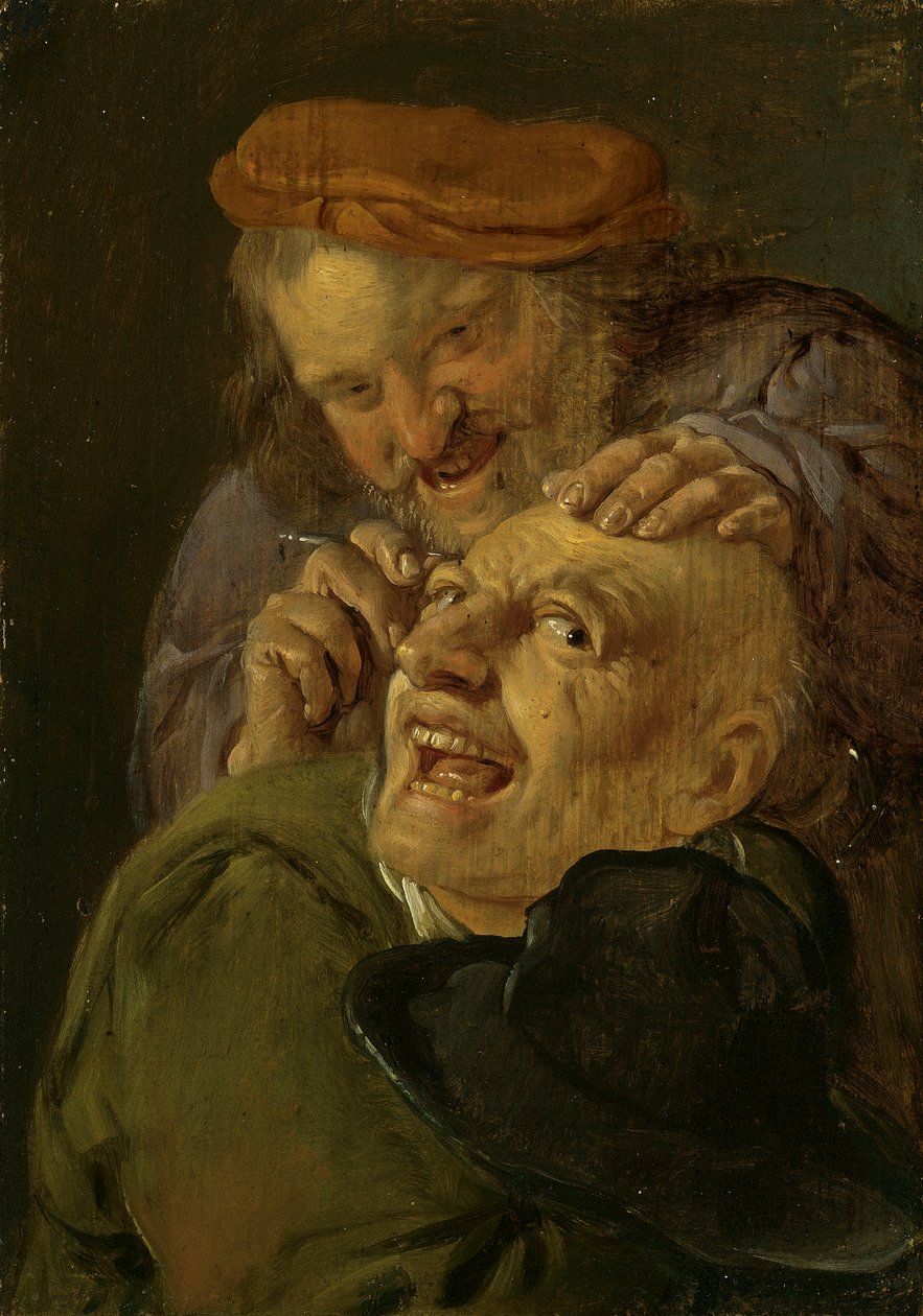 Feeling: A Barber Treating a Man. From the series Personifications of the Five Senses, c.1635-66 (oil on wood)   1426512   zh       chinese Successfully Translated  Original: 28a85872faa6 Translat: 28a85872faa6 1420982 zh chinese Successfully Translated Or 作者 彼得鲁斯·史塔弗勒努斯