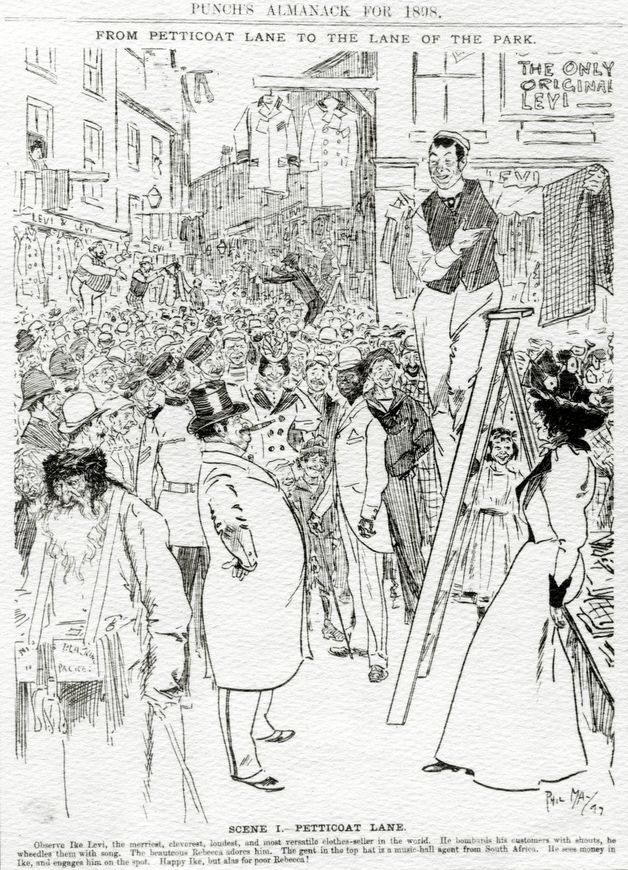 第一幕，衬裙巷，发表于&39;Punch&39;s Almanack for 1898&39; 作者 菲尔·梅