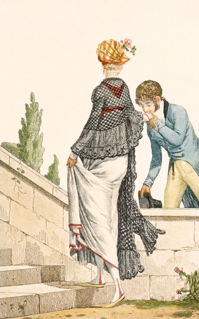 优雅的女士步行连衣裙，带有格子披肩，1789年，来自&39;Modes et Manieres du Jour a Paris&39;的插图 作者 菲利伯·路易斯·德布科特