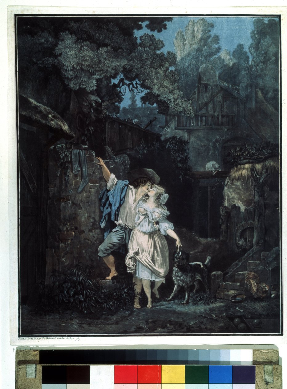 "告别的清晨 一对夫妇在清晨道别。Philibert Louis Debucourt（1755-1832 年）石版画 1787 年 莫斯科普希金博物馆 作者 菲利伯·路易斯·德布科特
