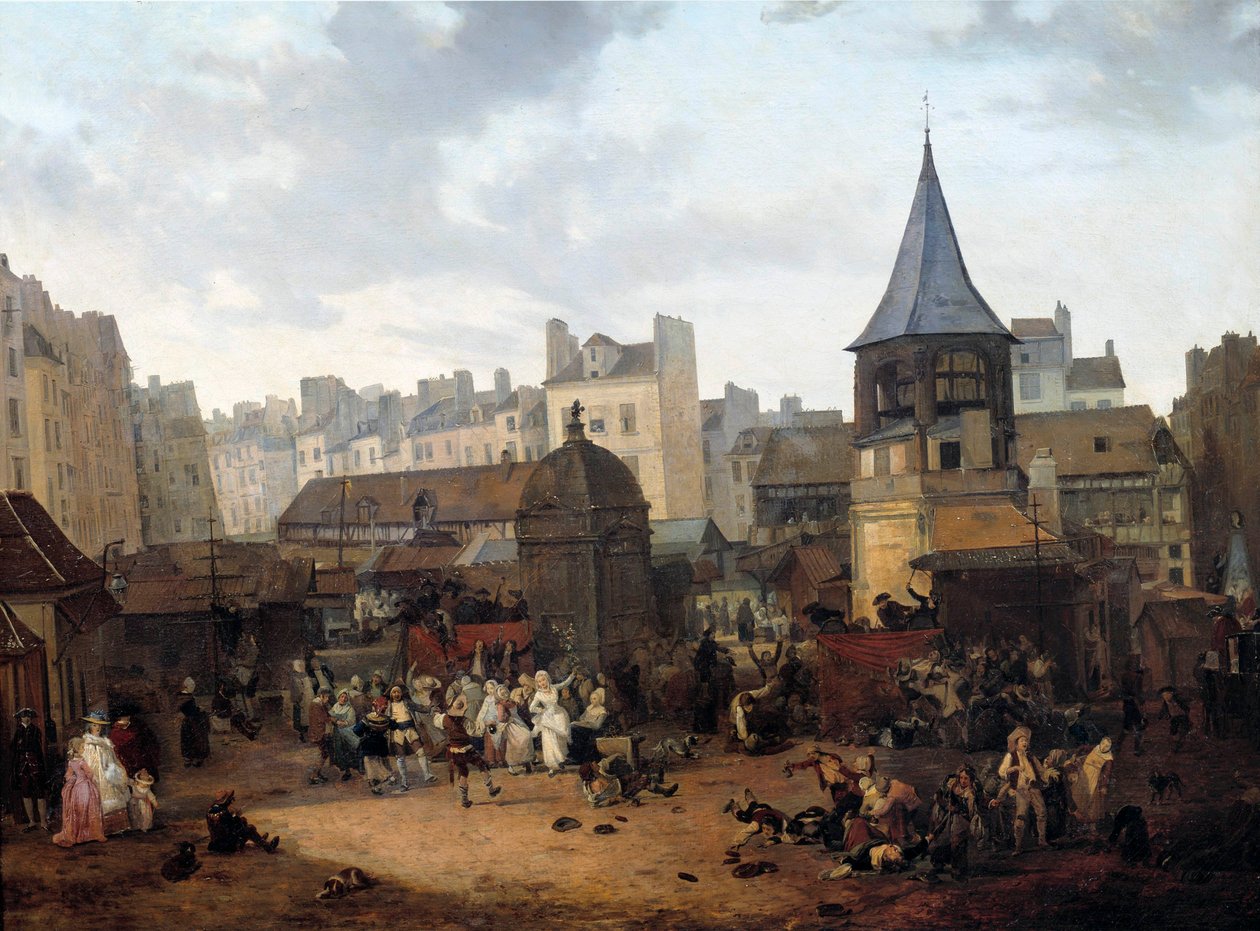 巴黎 aux Halles 市于 1782 年 1 月 21 日在法国太子路易约瑟夫 (1781-1789) 诞辰之际给予的欢乐。路易·菲利伯特·德布古 (Louis Philibert Debucourt) (1755-1832) 的画作 1782 年 0,89x1,16 m 巴黎，卡纳瓦莱博物馆 作者 菲利伯·路易斯·德布科特