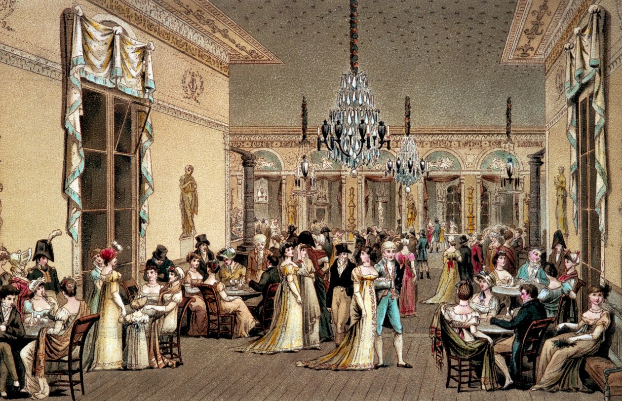 弗拉斯卡蒂咖啡馆的大沙龙。菲利贝尔-路易（Philibert Louis）-德布库尔（1755-1832）的石版画。 作者 菲利伯·路易斯·德布科特