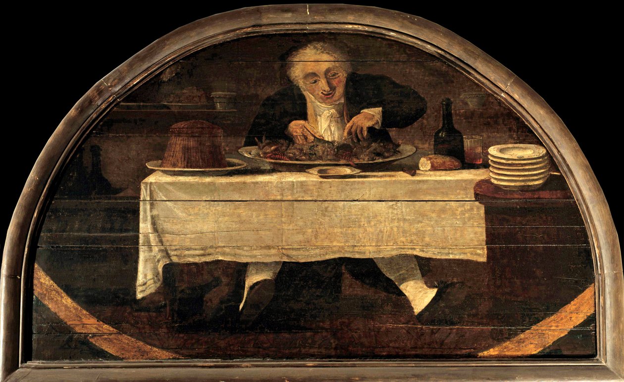 美食家曾经在王宫里教过 Corcellet 杂货。 一个男人吃一盘贝类和海鲜。 Louis Philibert Debucourt (1755-1832) 的绘画 作者 菲利伯·路易斯·德布科特