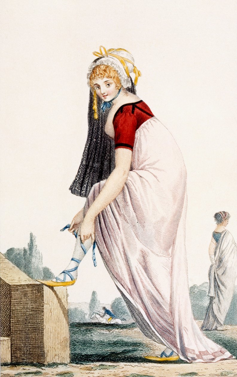 年轻的女士在希腊风格夏季服装，1700年，插图来自&39;Modes et Manieres du Jour a Paris&39; 作者 菲利伯·路易斯·德布科特