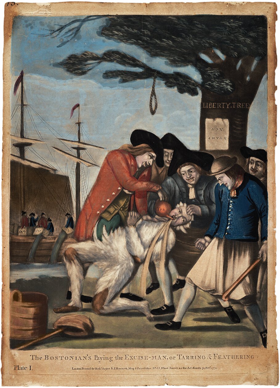 波士顿人支付消费税，或者是Tarring and Feathering，1774年（手工彩色雕刻） 作者 菲利普·道威