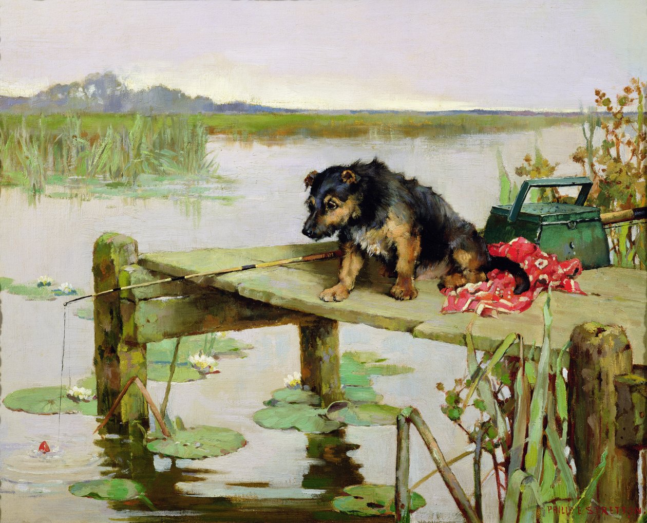 小猎犬 - 钓鱼，1890年 作者 菲利普·尤斯塔斯·斯特雷顿