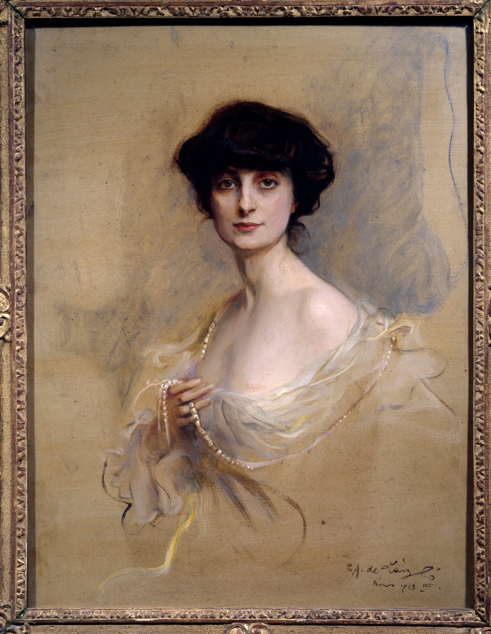 安娜·德·布兰科万 (Anna de Brancovan) 的肖像 马蒂厄·德·诺阿耶 (Mathieu de Noailles) 伯爵夫人 (1876-1933) 安娜·德·诺阿耶 (Anna de Noailles) 是一位法国女性文学家。 菲利普·亚历克西斯·德·拉斯洛 (Philip Alexis de Laszlo) (1869-1937) 的绘画，1913 年巴黎，奥赛博物馆。 作者 菲利普·阿历克修斯·德·拉斯洛