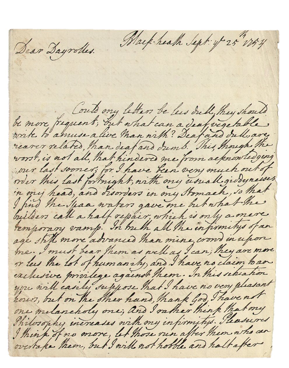 1754年9月25日给布莱克希思的所罗门·代洛雷斯（Solomon Dayrolles）的亲笔签名信（钢笔和纸本） 作者 菲利普·多默（Philip Dormer）Stanhope Chesterfield