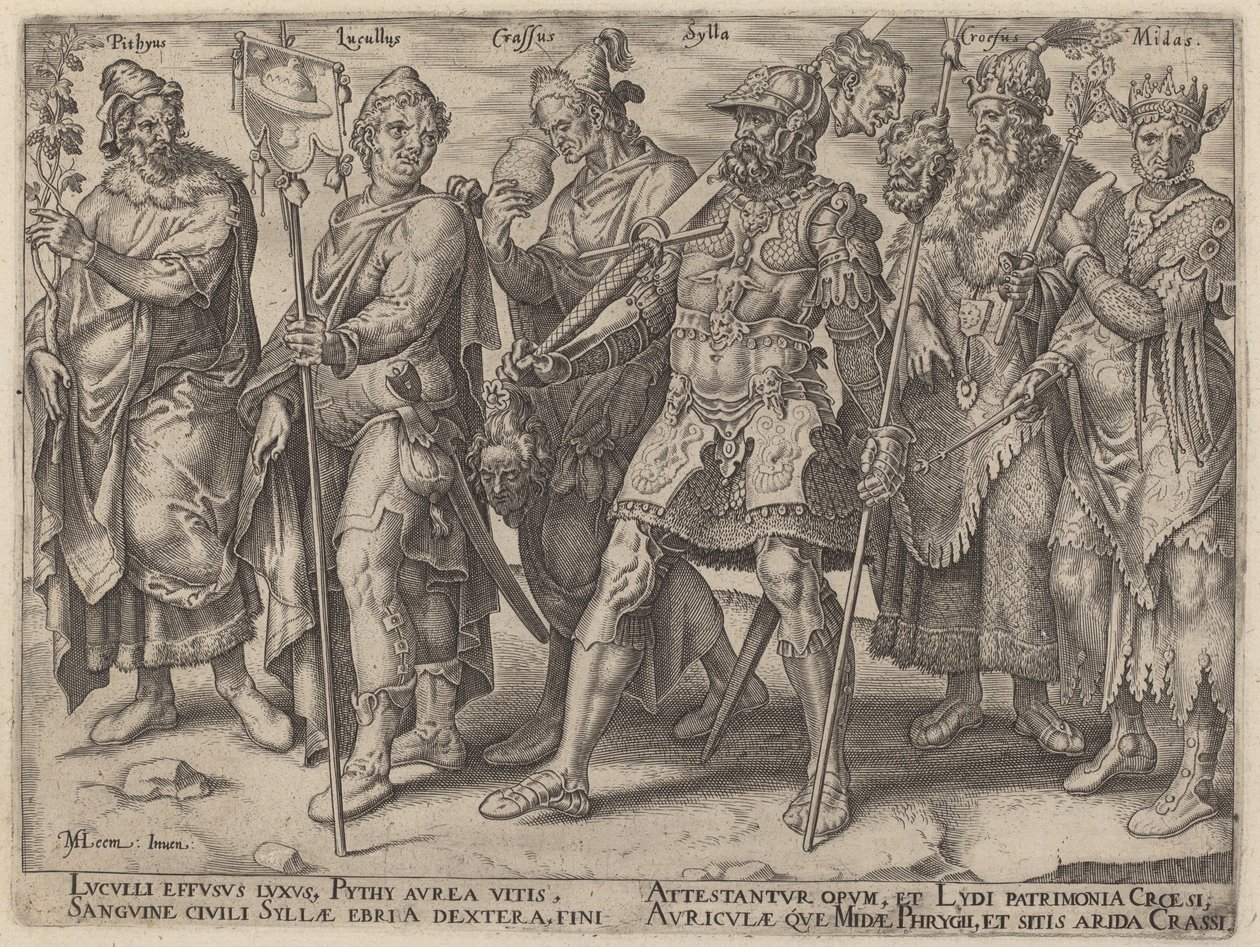 Pythius, Lucullus, Crassus, Sylla, Croesus, Midas (古代财富的臭名昭著的例子) 作者 菲利普·加勒，仿照 Maerten van Heemskerck