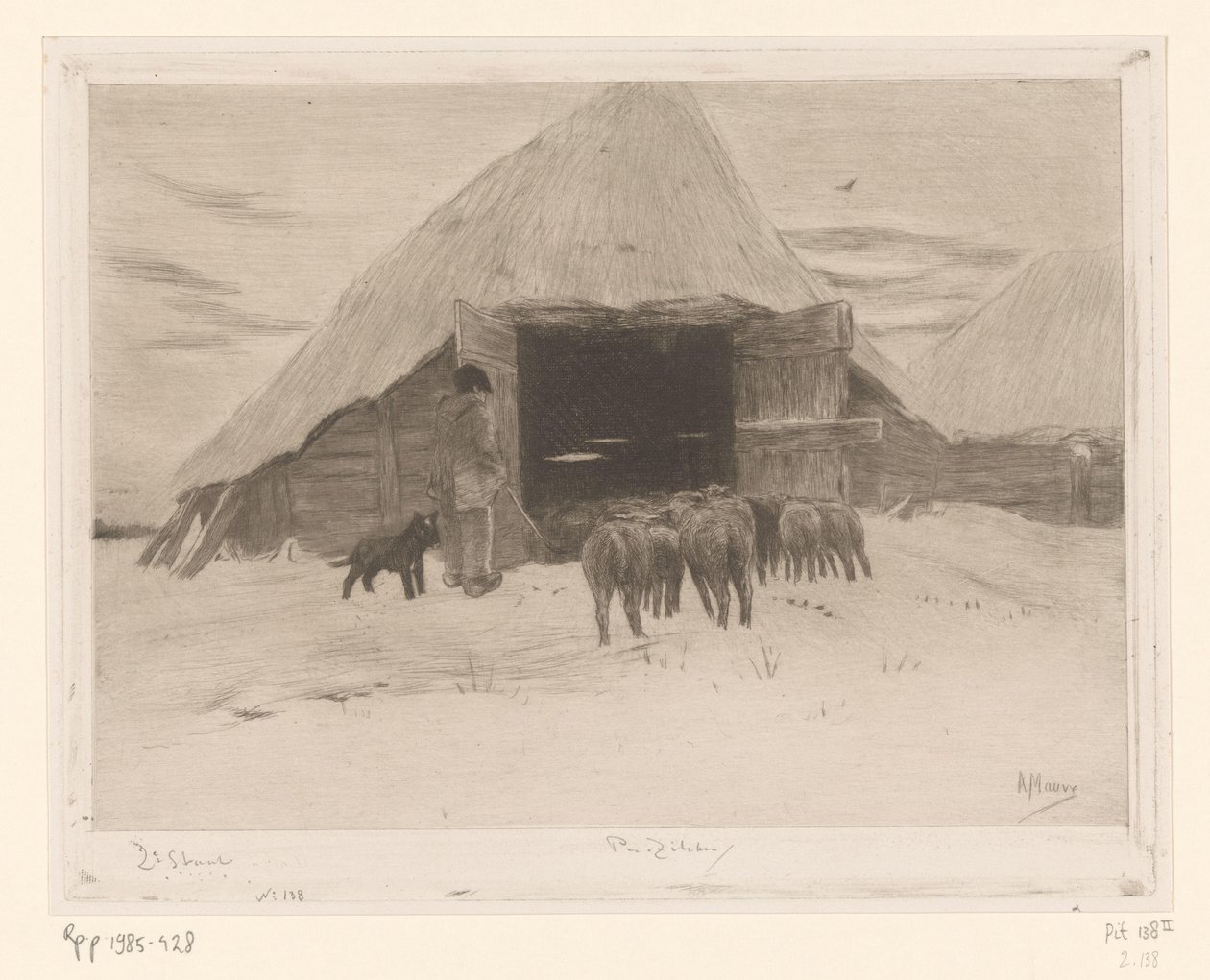 牧羊人带领羊群进入谷仓
Grange dans la neige（原标题） 作者 菲利普·齐尔肯（艺术家签名）