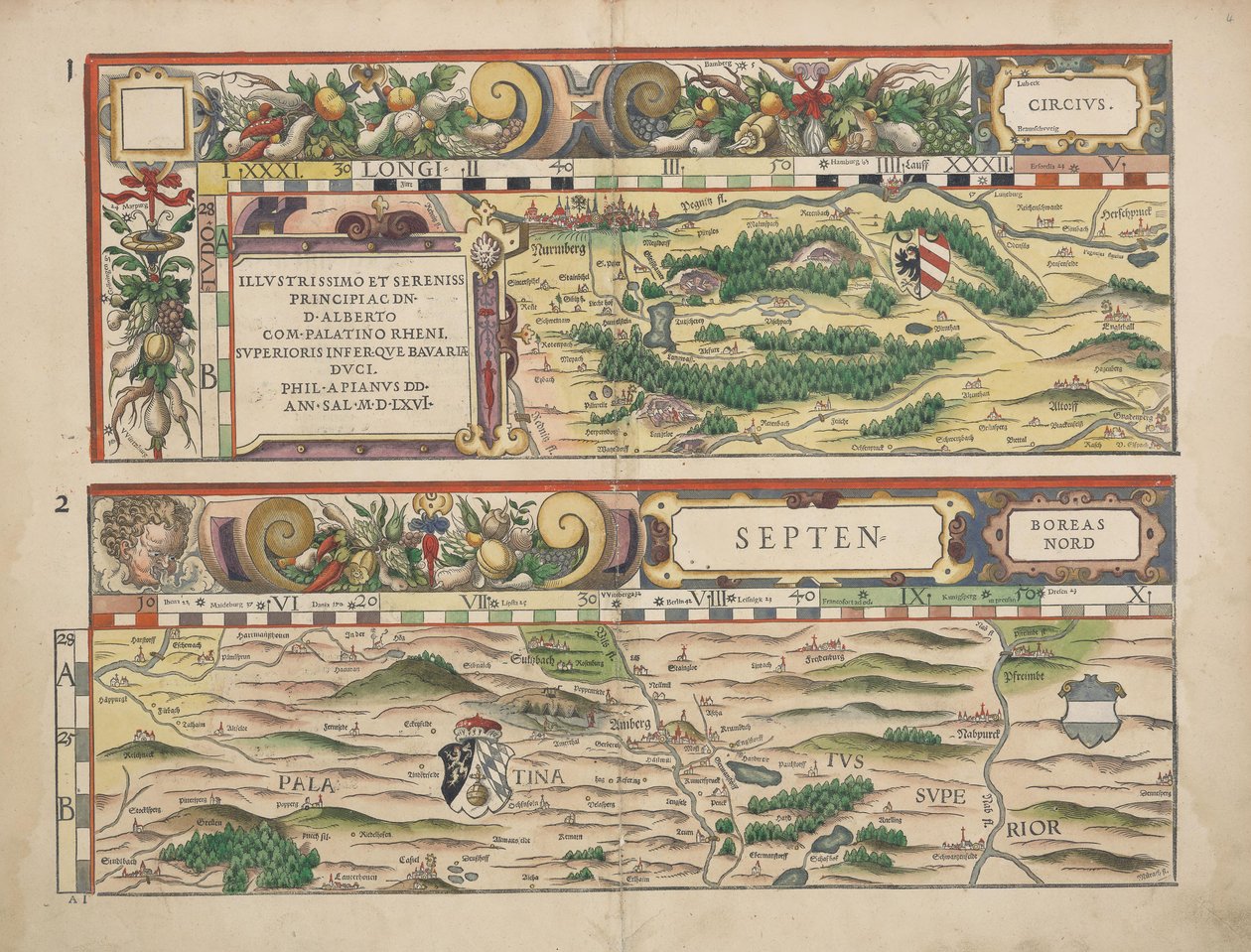 Philipp Apian  -  1568年的巴伐利亚土地板块（牌匾1和2）约为1 作者 菲利普·阿皮安