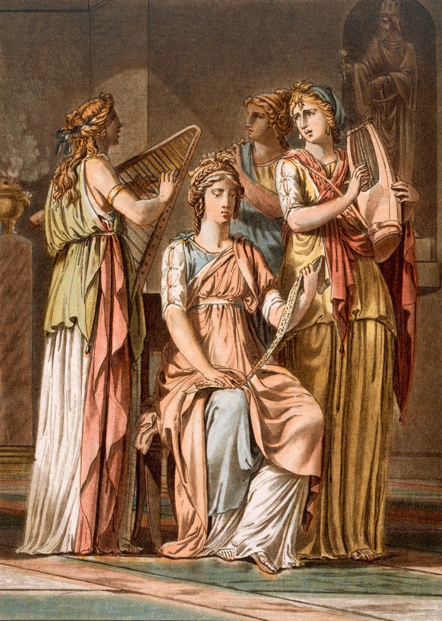 以色列妇女的合唱，Jean Racine的“Esther”服饰，来自“所有国家的服装和剧院研究”第一卷，由Pierre Michel Alix（1762-1817）1802刻（彩色版画） 作者 菲利普·奇瑞