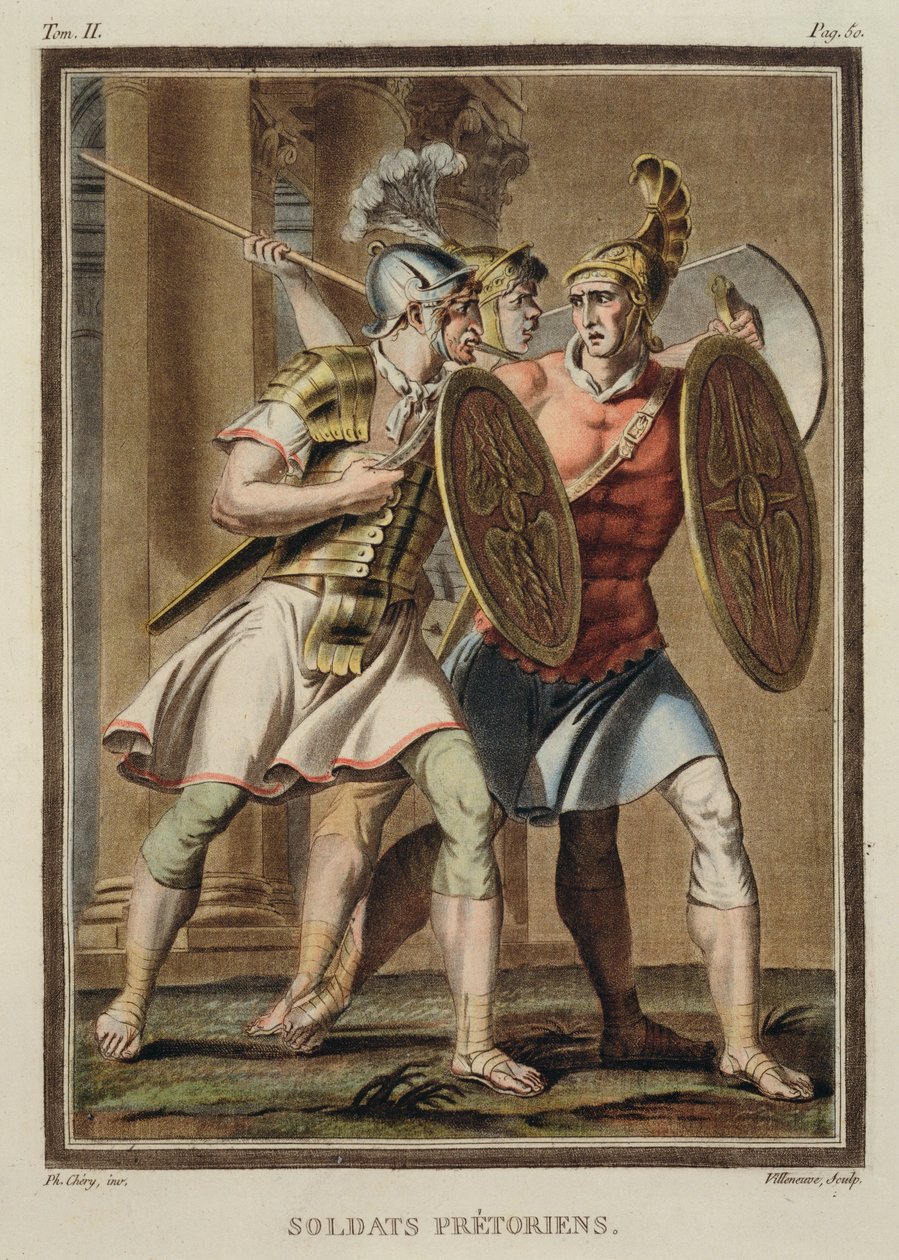 执行卫冕的士兵，Jean Racine的“Britannicus”服装，来自“万国服饰与戏剧研究”第二卷，由维伦纽夫刻，1802年 作者 菲利普·奇瑞