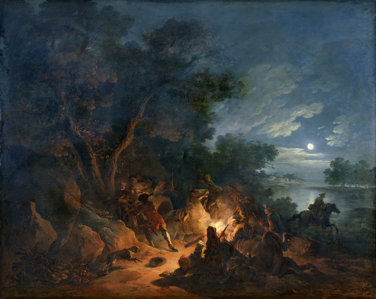 强盗在夜间攻击，1770年 作者 菲利普·雅克·德·路德堡