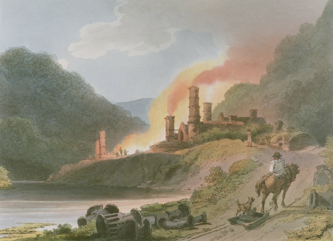 Iron Works，Coalbrook Dale，来自“英格兰和威尔士的浪漫风景”，1805年 作者 菲利普·雅克·德·路德堡