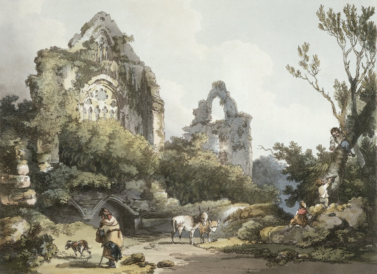 廷特恩修道院，来自“英格兰威尔士的浪漫风景”，1805年出版（彩色版画） 作者 菲利普·雅克·德·路德堡