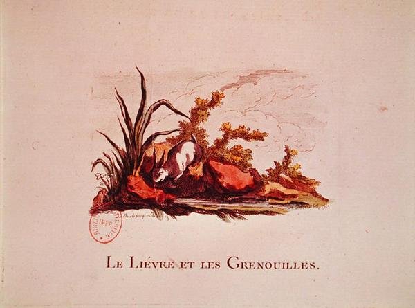 野兔和青蛙，来自寓言的插图由Jean de la Fontaine（1621-95）1823 作者 卢瑟堡之后的菲利普·德
