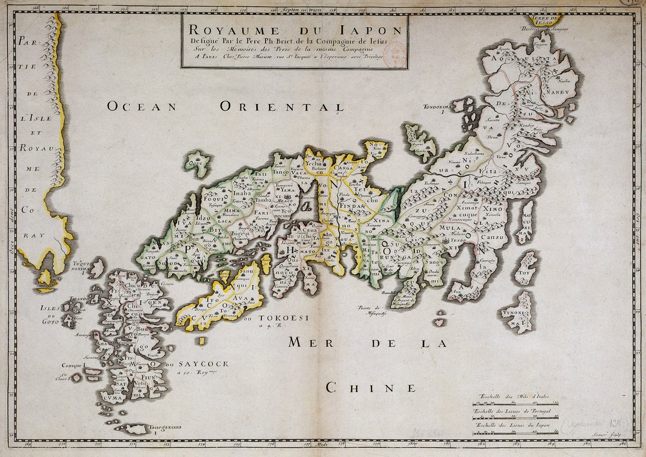 耶稣会士、法国学者菲利普-布里耶神父（1601-1668 年）绘制的日本地理图。巴黎，荷兰 作者 菲利普·布里特