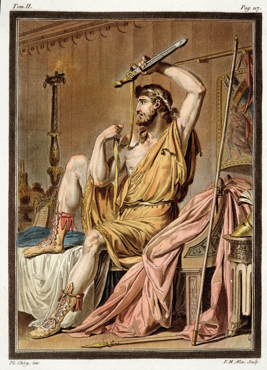 Agamemnon，由Jean Racine创作的“Iphigenia in Aulis”服装，来自“所有国家的服装与戏剧研究”第二卷，由Pierre Michel Alix（1762-1817）1802刻（彩色雕刻） 作者 菲利普·奇瑞