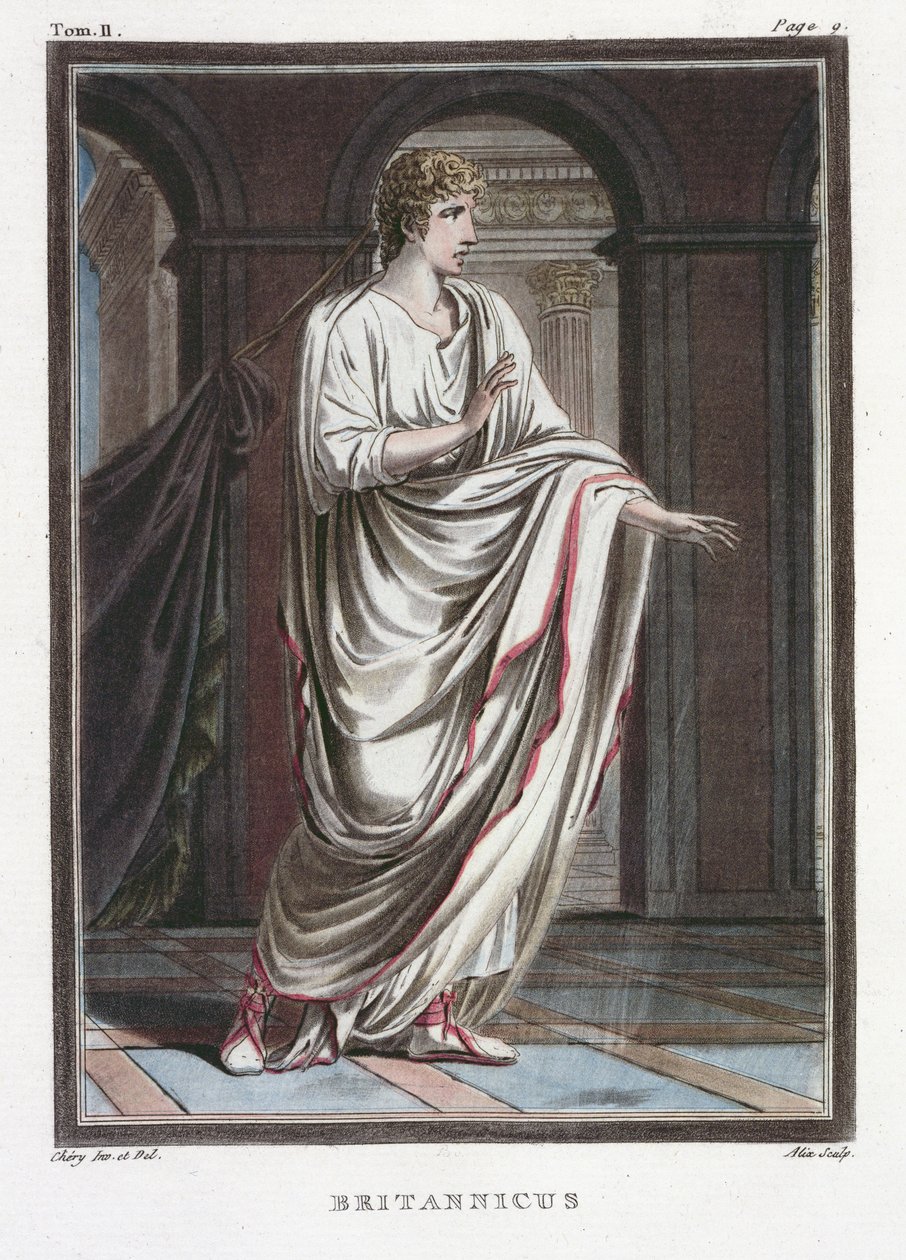 Britannicus，Jean Racine的“Britannicus”服装，来自“所有国家的服装和剧院研究”第二卷，由Pierre Michel Alix（1762-1817）镌刻1802 作者 菲利普·奇瑞