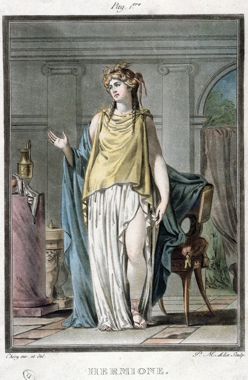 Hermione，Jean Racine的“Andromaque”服装，来自“所有国家的服装与戏剧研究”，由Pierre Michel Alix（1762-1817）镌刻1802 作者 菲利普·奇瑞