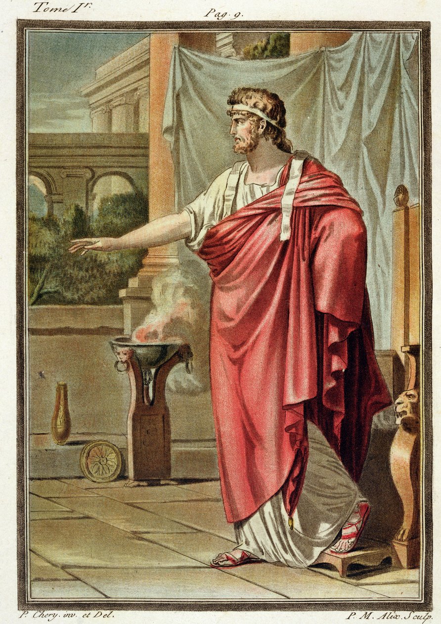 Pyrrhus，Jean Racine的“Andromache”服装，来自“所有国家的服装和剧院研究”第一卷，由Pierre Michel Alix（1762-1817）镌刻1802 作者 菲利普·奇瑞