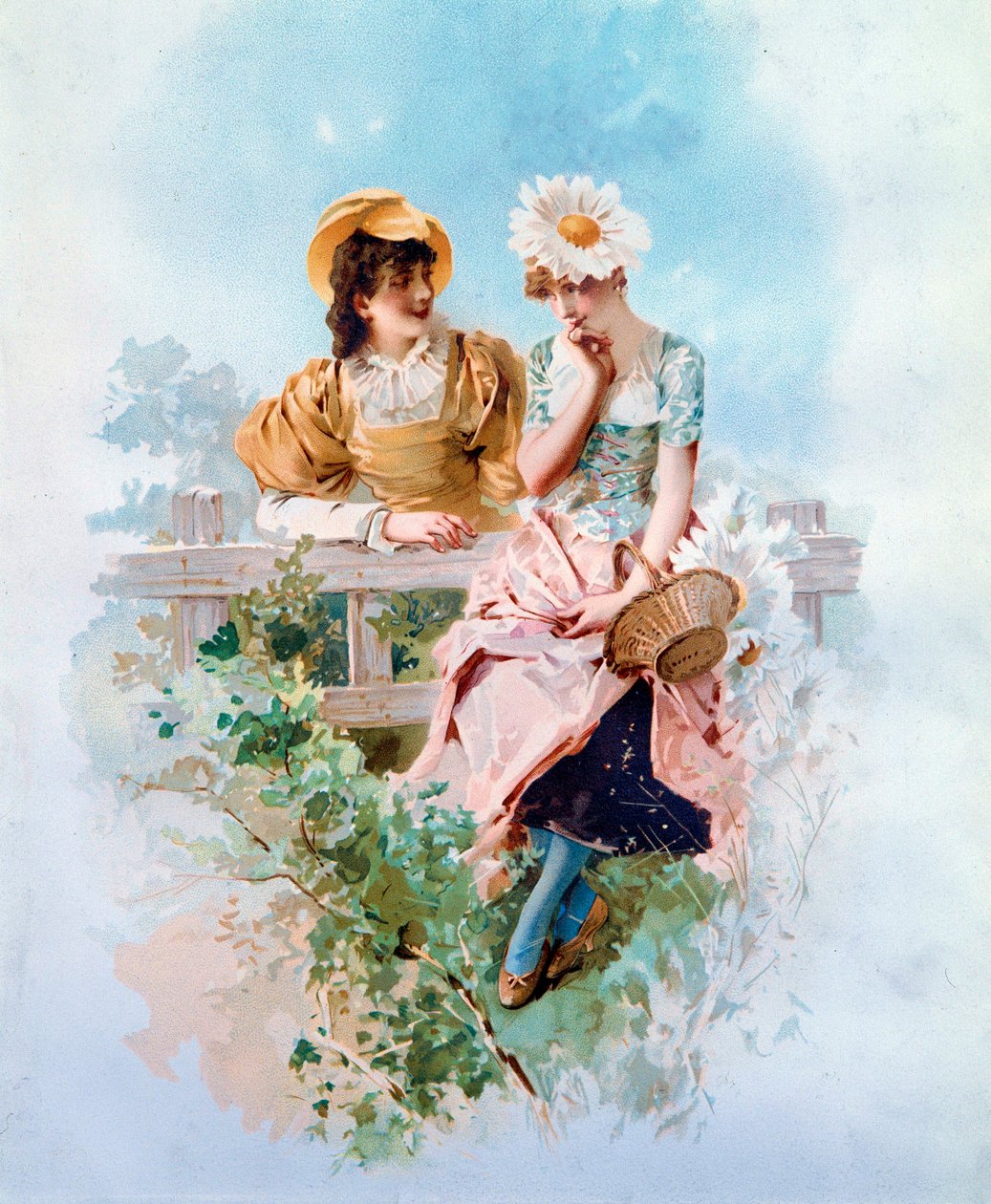 信心 两个年轻女孩窃窃私语。 菲利普·雅克·林德 (Philippe Jacques Linder) 的石版画 (1835-?) 19 世纪私人收藏 作者 菲利普·雅克·林德