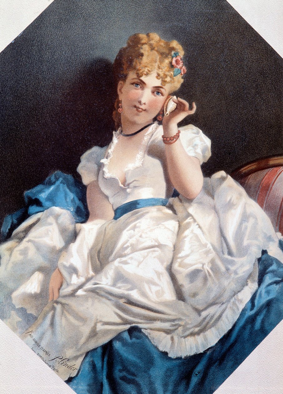 菲利普·雅克·林德（Philippe Jacques Linder，1835-？）的《贝壳中的女人》石版画。 19世纪私人收藏 作者 菲利普·雅克·林德