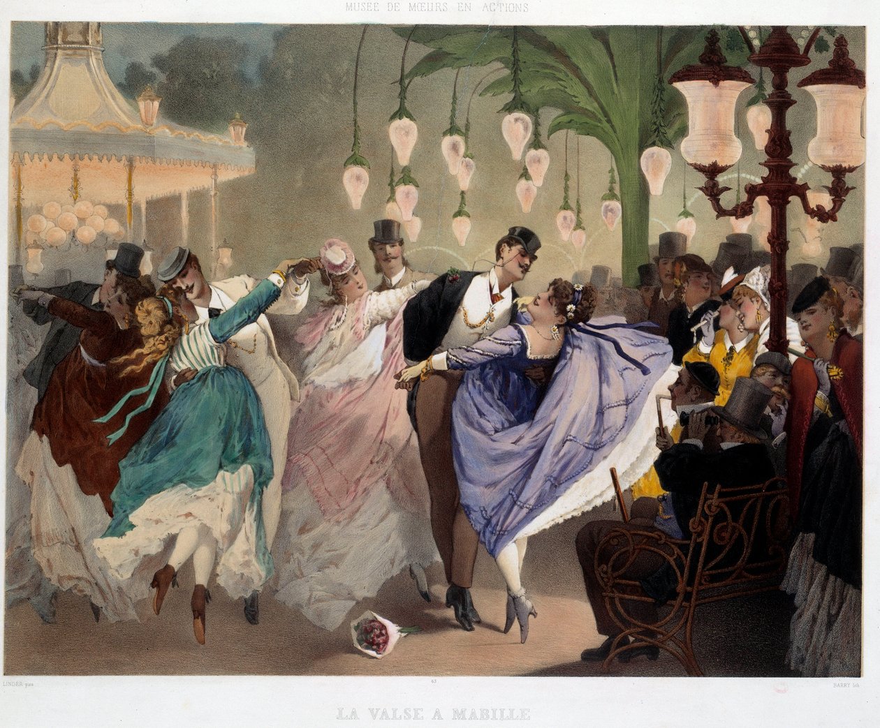 1867年马比尔的华尔兹在马比尔的舞蹈场景。菲利普-雅克-林德（1835-?）的石版画。Musee de Moeurs et d