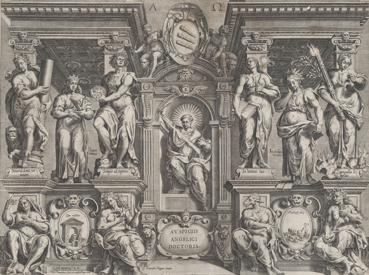 寓意深刻的论文印刷品，有各种人物，以建筑结构为背景，1608年。 作者 菲利普·托马斯（Philippe Thomassin）