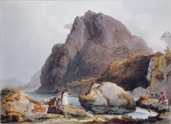 Llyn Ogween，出自《英格兰和威尔士的浪漫风景画》，1805年出版（彩色雕刻）。 作者 菲利普·德（后）卢瑟堡
