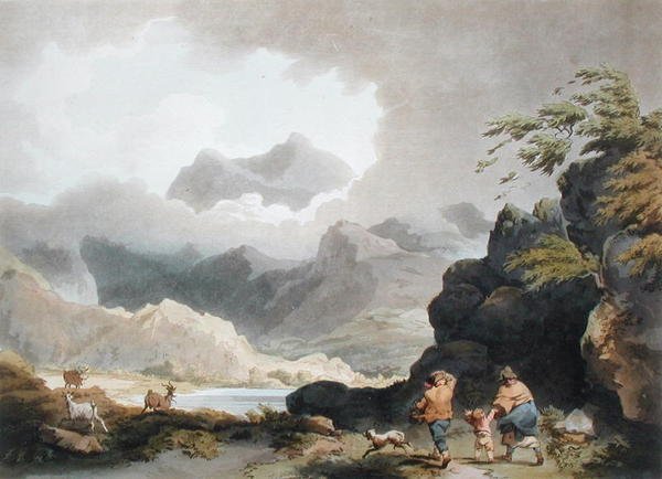 斯诺登，摘自《英格兰和威尔士的浪漫和风景》，1805年出版（彩色版画）。 作者 菲利普·德（后）卢瑟堡