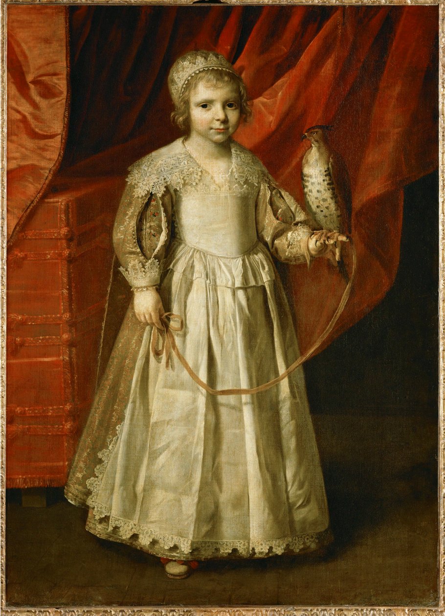 与猎鹰在一起的孩子，可能是 Anne-Marie de Chevreuse，5 岁，Claude de Lorraine, duc de Chevreuse 的女儿... 作者 菲利普·德·尚佩尼