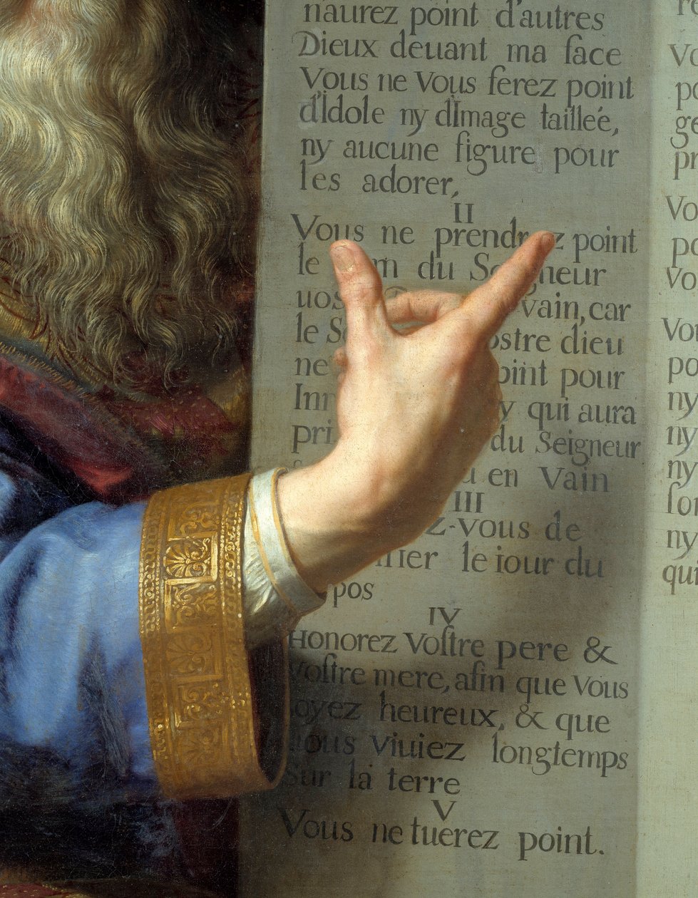 摩西和律法表，摩西的手展示十条戒律的细节。Philippe De Champaigne (1602-1674)的画作，Ec.弗拉姆。 作者 菲利普·德·尚佩尼