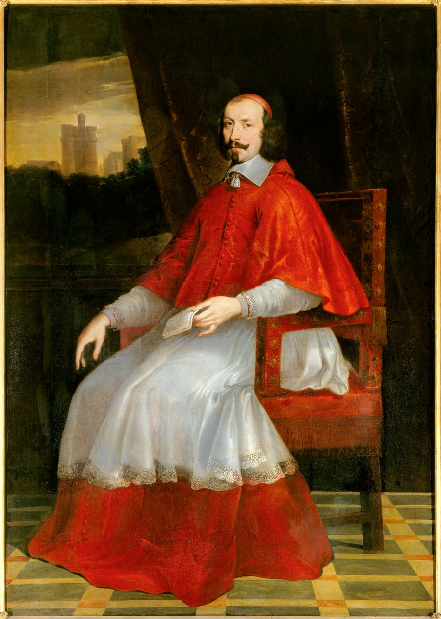 红衣主教 Jules Mazarin (Giulio Raimondo Mazzarino 或 Mazarino) (1602-1661) 脚下的肖像 (1602-1661) 红衣主教坐在他身后，可以看到 Vincennes 城堡的景色。 菲利普·德·尚佩涅 (1602-1674) 的绘画。 太阳 2.05 X 1.44 m。 尚蒂伊，孔德博物馆 - F 作者 菲利普·德·尚佩尼