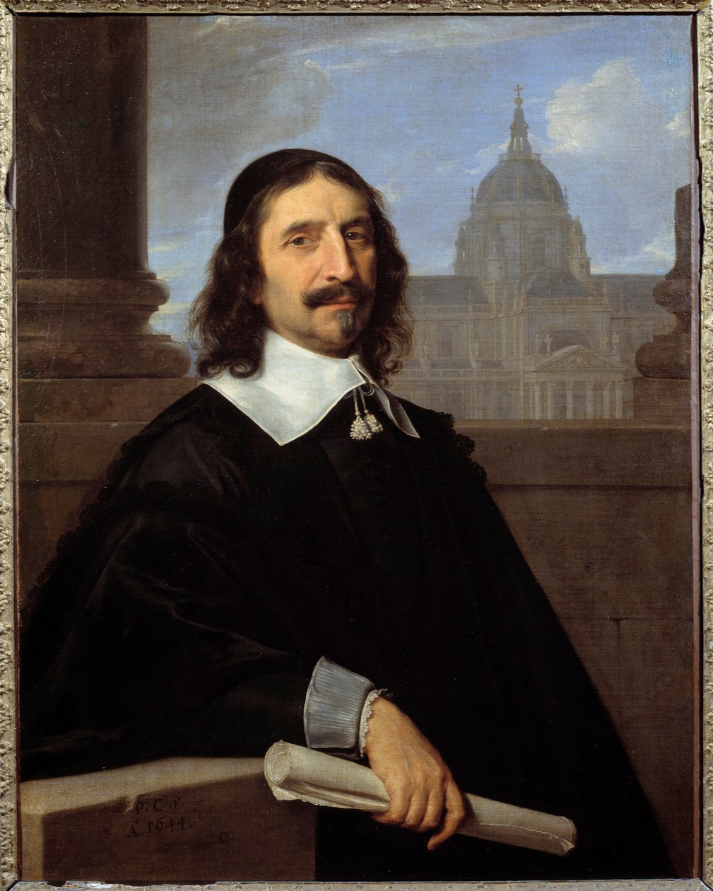 建筑师Jacques Lemercier (1585-1654)在索邦大学小教堂前的画像 Philippe de Champaigne (1602-1674) (ec.flam.) 17世纪 太阳。0,97x0,75m - -建筑师雅克-勒梅西耶（1585-1654）的肖像，在教堂前 作者 菲利普·德·尚佩尼
