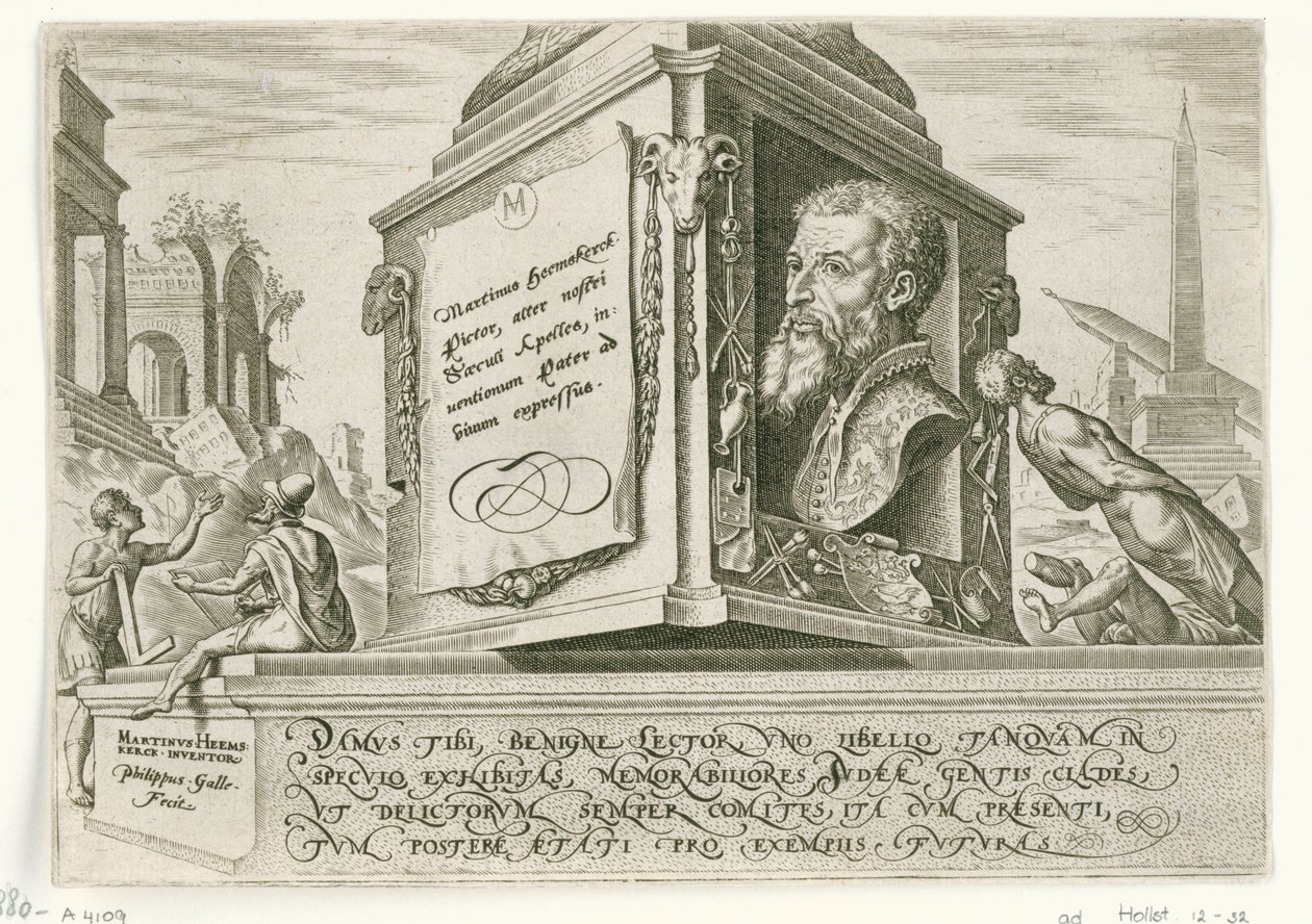 立柱基座上的 Maarten van Heemskerck 肖像
犹太人的末日（系列标题） 作者 飞利浦加勒