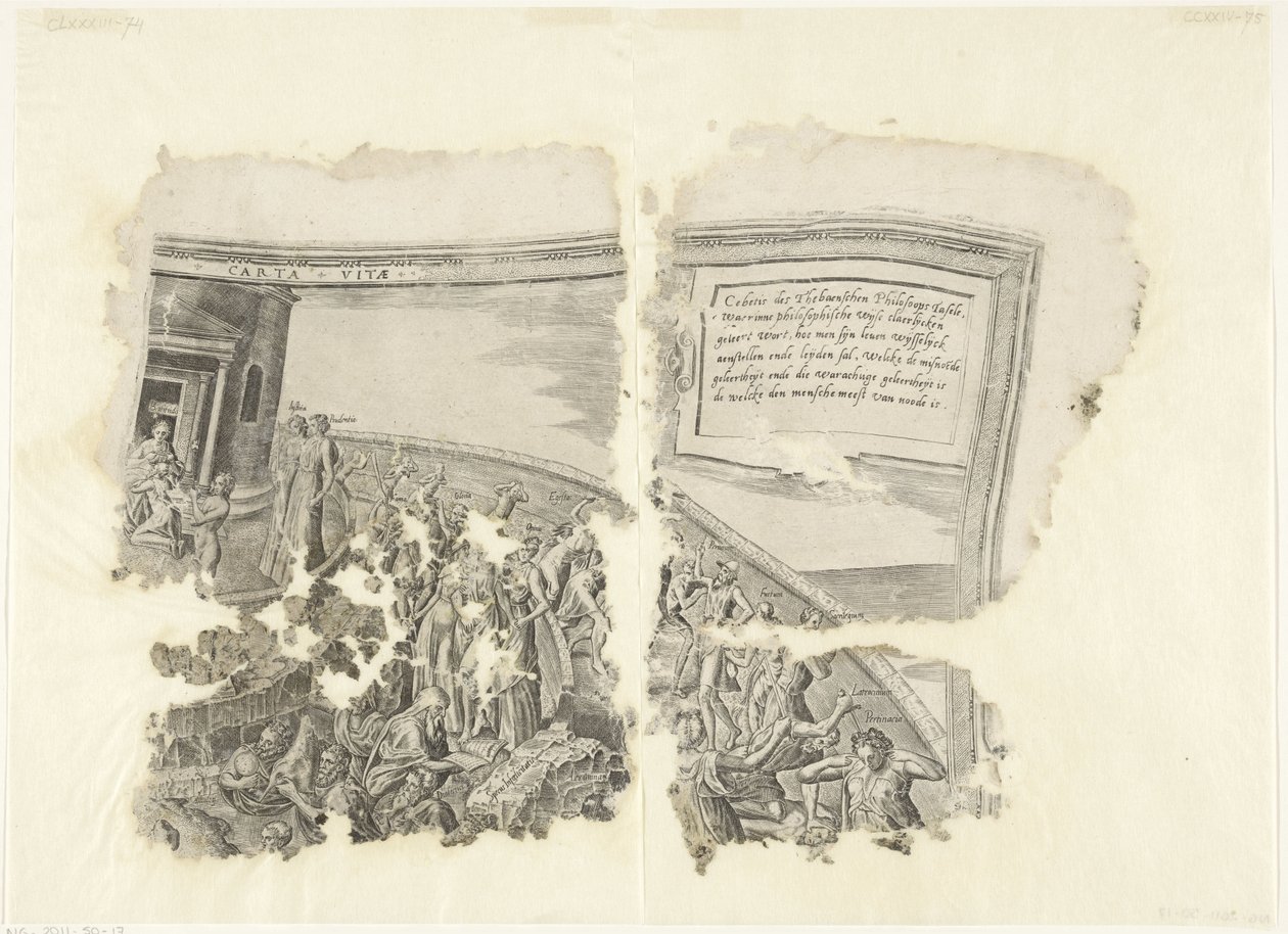 塞比斯场景版画的右上角
Tabula Cebetis Carta Vitae（物品上的标题） 作者 飞利浦加勒