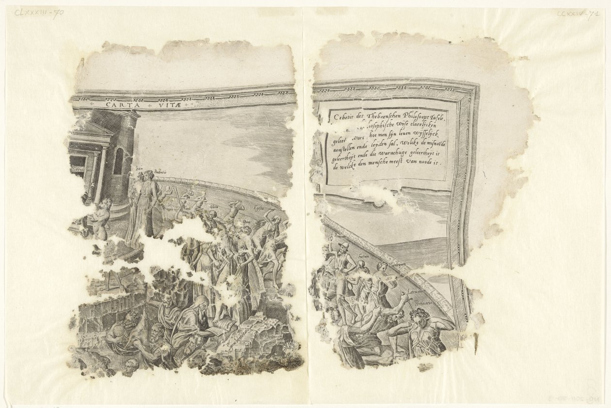 塞比斯场景版画的右上角
Tabula Cebetis Carta Vitae（物品上的标题） 作者 飞利浦加勒